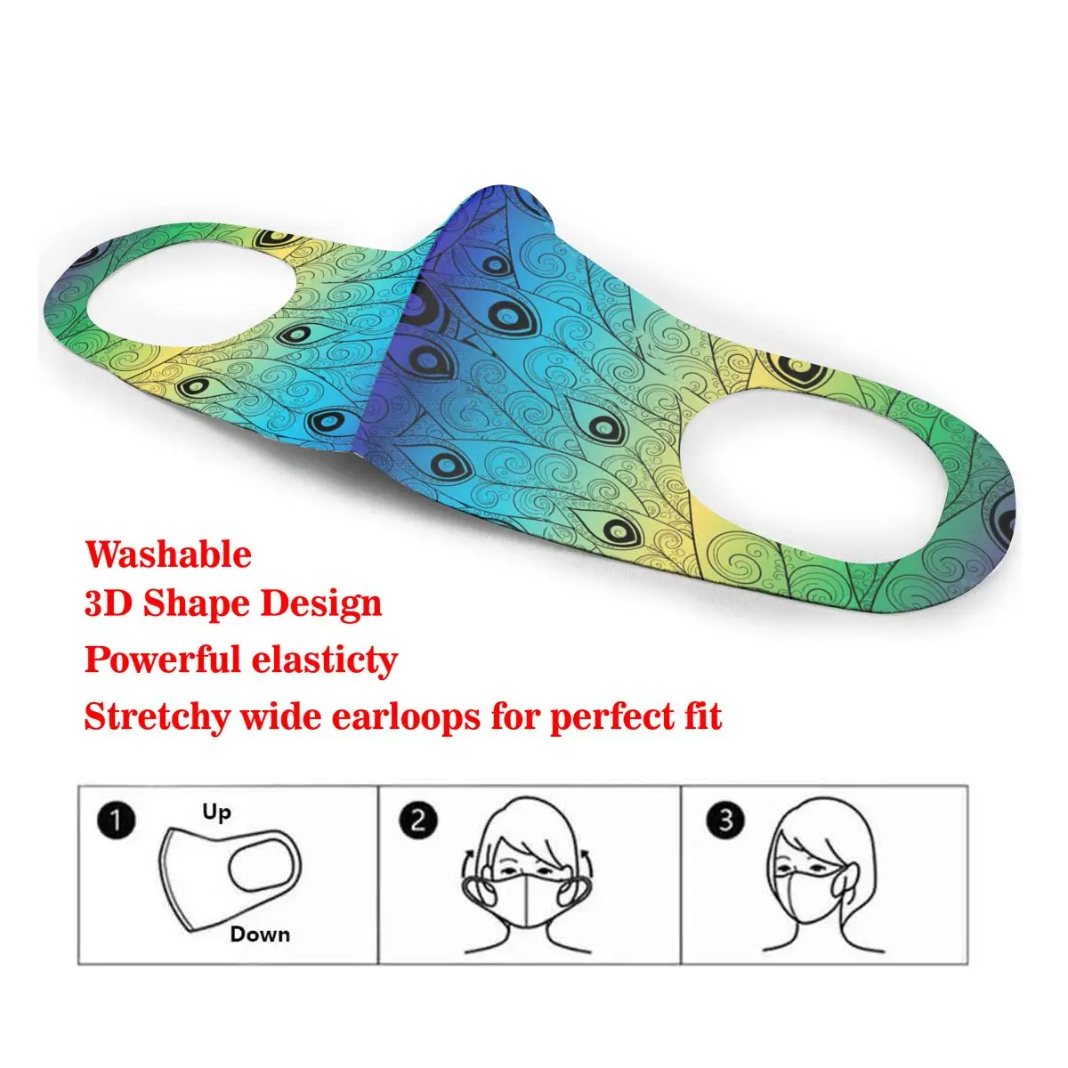 

Dust Mask Blue Peacock Feather Pattern Mouth Face Mask for Adult Kids Windproof Washable Reusable