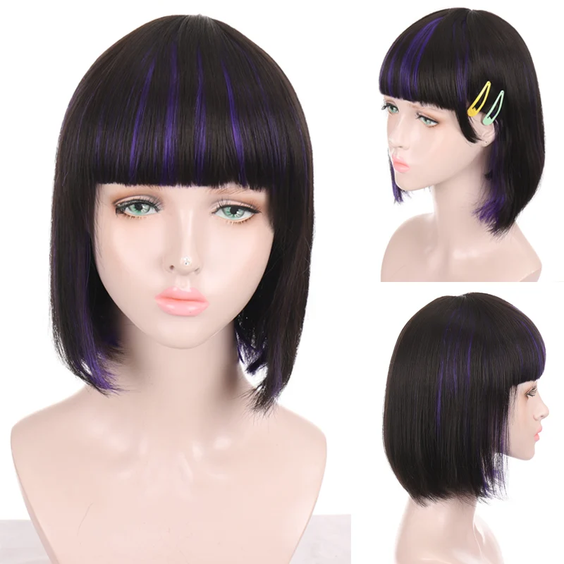 

LANLAN короткие прямые черные синтетические парики с челкой для женщин короткие волосы боб парик термостойкие БОБО прическа разноцветные пар...