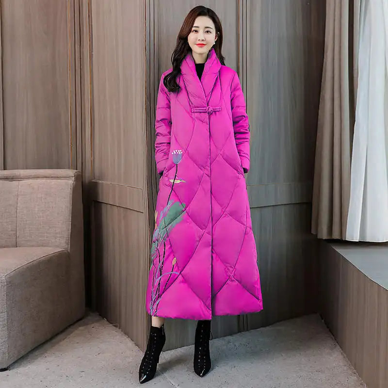 rose red parkas Винтажная женская зимняя куртка размера плюс 3XL с хлопковой подкладкой, Женское зимнее пальто, женская куртка с воротником-стойкой, Длинные парки C5960 - Цвет: rose red parkas