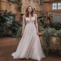 elegant v neck wedding dress 2021 for summer organza backless design lace appliques sweep train sexy bride gown robe de mari%c3%a9e