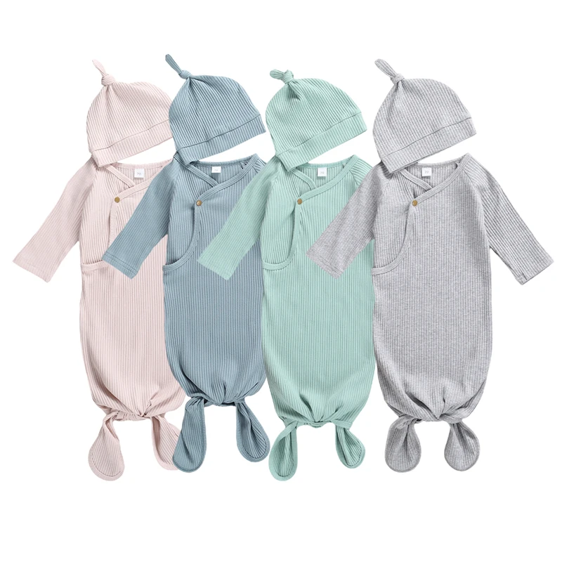 Lioraitiin 2Pcs 0-3M Newborn Baby Boys Girl Fall Sleeping Bags+Hat Solid Color Knit Long Sleeve Soft Sleepwear Cotton Nightwear