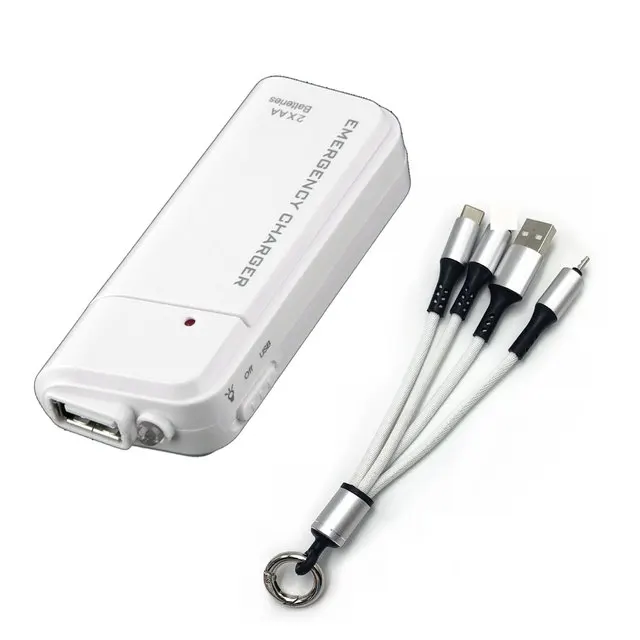 convenient usb emergency charger power bank by 2pcs aa batteries with 3in1 charging cable for universal mobile phone free global shipping