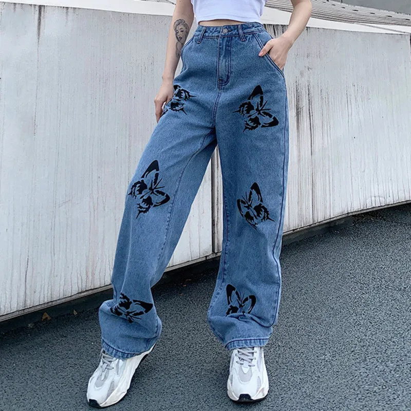 

2020 New Summer Vintage Jeans Woman Long Trousers Cowboy Female Loose Streetwear Butterfly Print Pants ZA4110