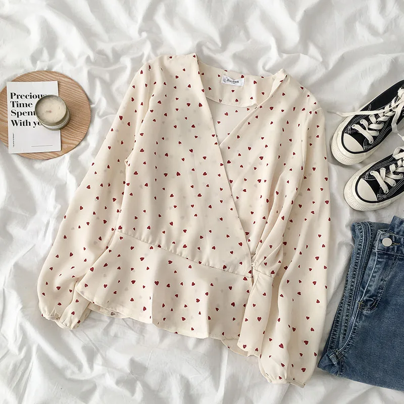 Винтаж v-образный вырез расклешенный рукав в горошек женская блузка Рубашки