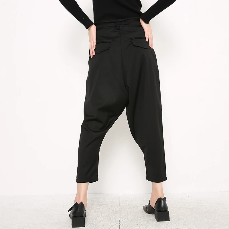 

[EAM] High Waist Black Pleayed Bandage Long Harem Trousers New Loose Fit Pants Women Fashion Tide Spring Autumn 2021 JG91501