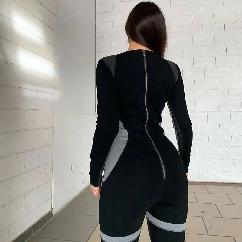 

BIIKPIIK Patchwork Skinny Long Sleeve Autumn Women's Jumpsuits Sporty Fitness Black Jumpsuit Workout Casual Overalls For Women