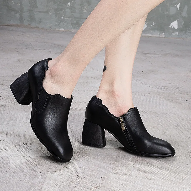

YourSeason Ladies High Heels Genuine Leather Retro Casual Ziper Shoes Square Toe Sewing Concise Women 2021 Autumn Spring Pumps