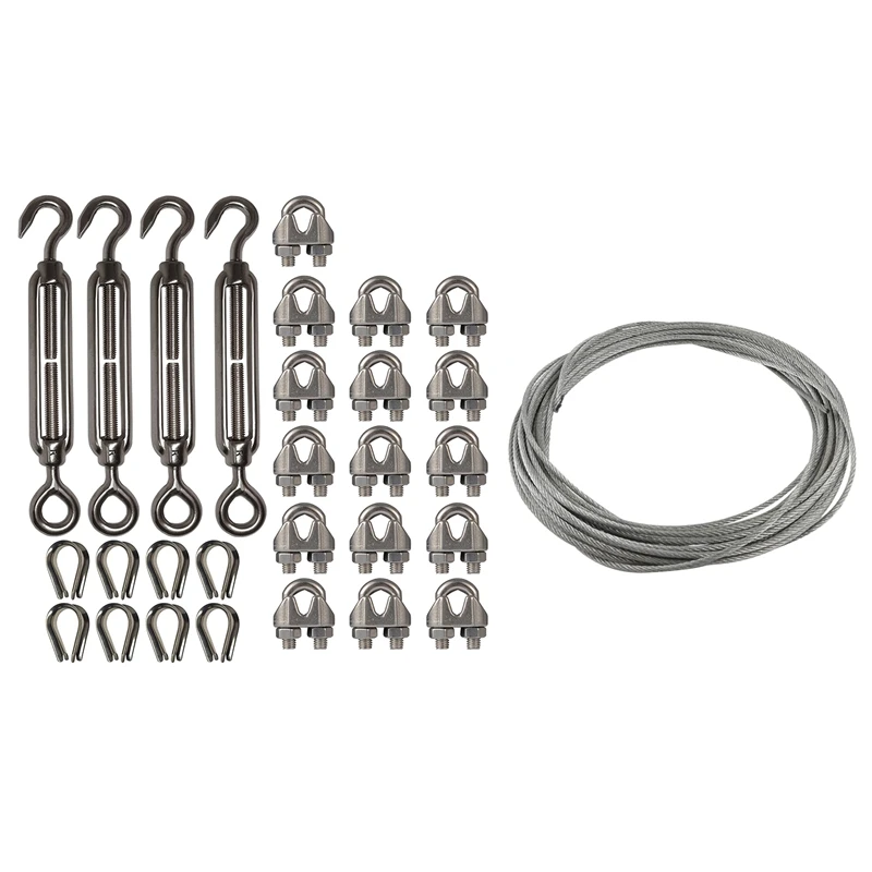 

2 Set Stainless Steel Kit: 1 Set Flexible Wire Rope Cable 3Mmx12M & 1 Set 4-Pcs Turnbuckle/Tension(Eye&Hook, M6)+16-Pcs 1/8 Inch