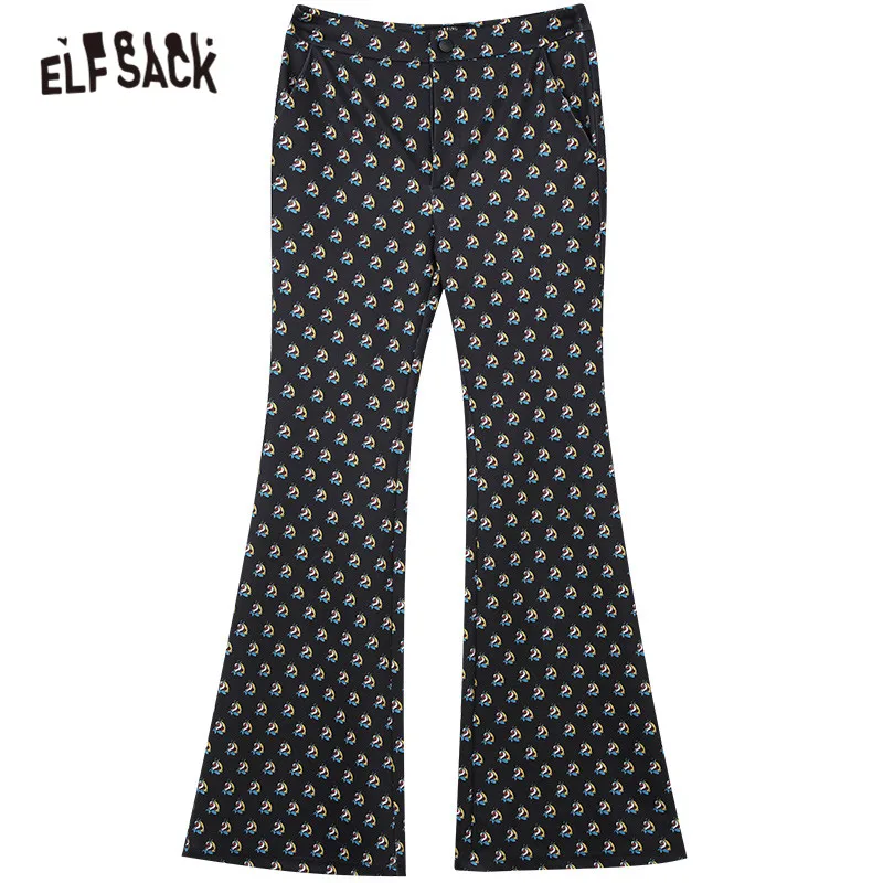 

ELFSACK Monkey King Print High Waist Casual Women Flare Trousers,2021 Spring Stylish Korean Ladies Basic Daily Graphic Bottom