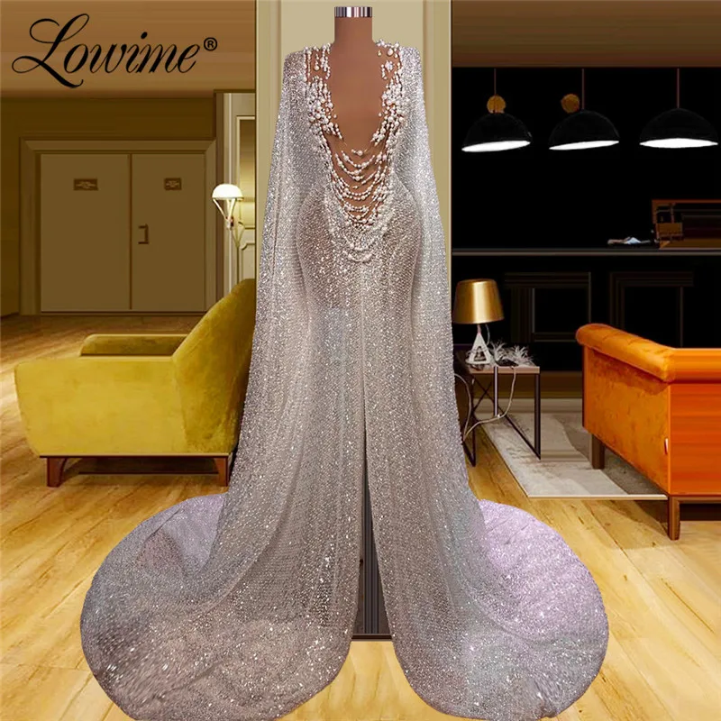

Sparkly Party Dresses Pearls Long Prom Gowns Robe Femme Soiree 2022 Long Sleeves Mermaid Illusion Celebrity Dresses Evening Wear
