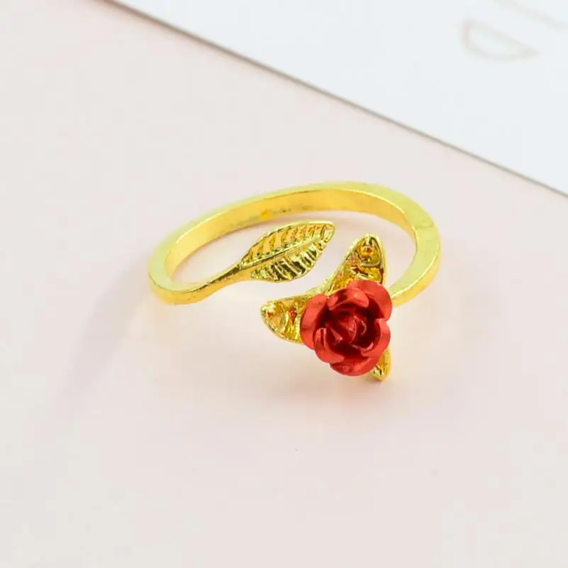 

New Fashion Ornaments Sweet Red Rose Flower Leaves Open Ring Resizable Rings for Women Valentine's Day Gift Jewelry