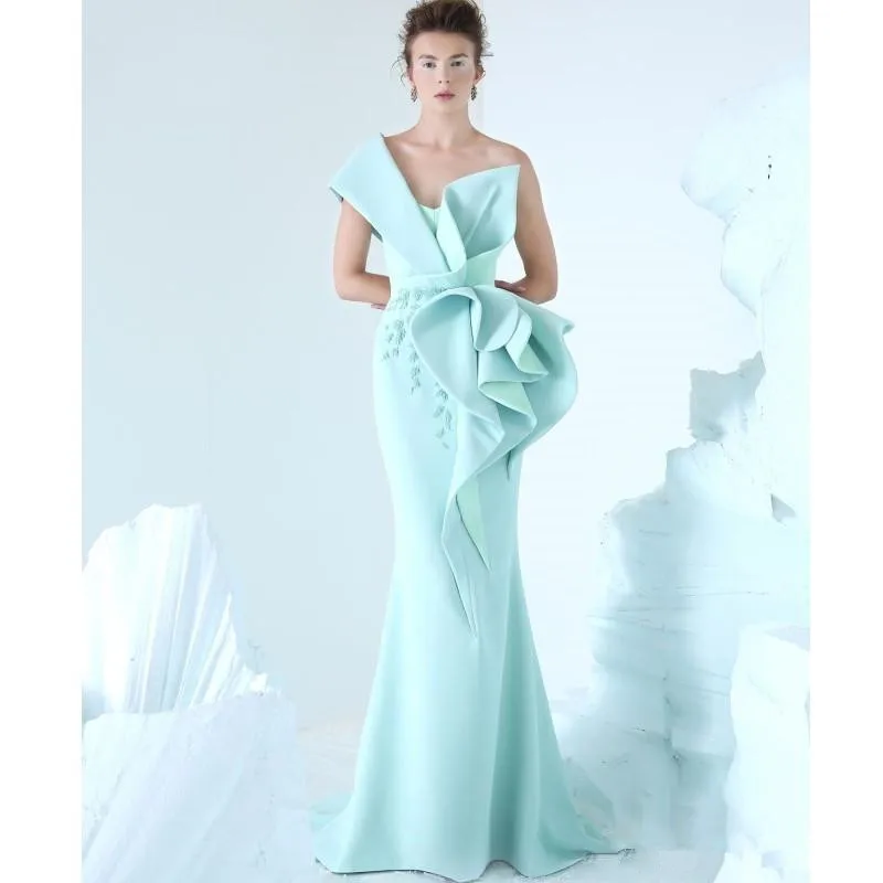 

Turquoise Prom Dresses Mermaid One-shoulder Appliques Dubai Saudi Arabic Long Robe De Soiree Prom Gown Evening Dresses
