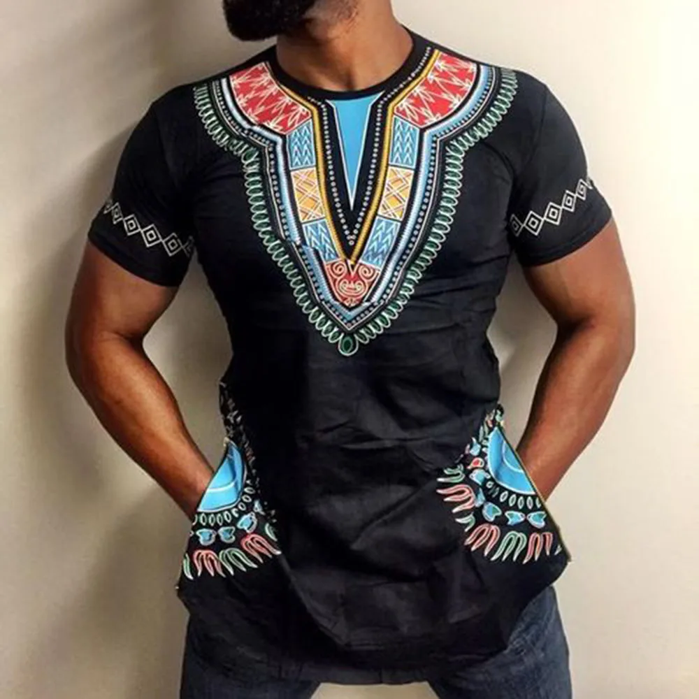 

Print Pattern Men's Slim Short-sleeved Traditional Mid-length Dashiki Tops Summer New Style African Ethnic Men Casual Shirts
