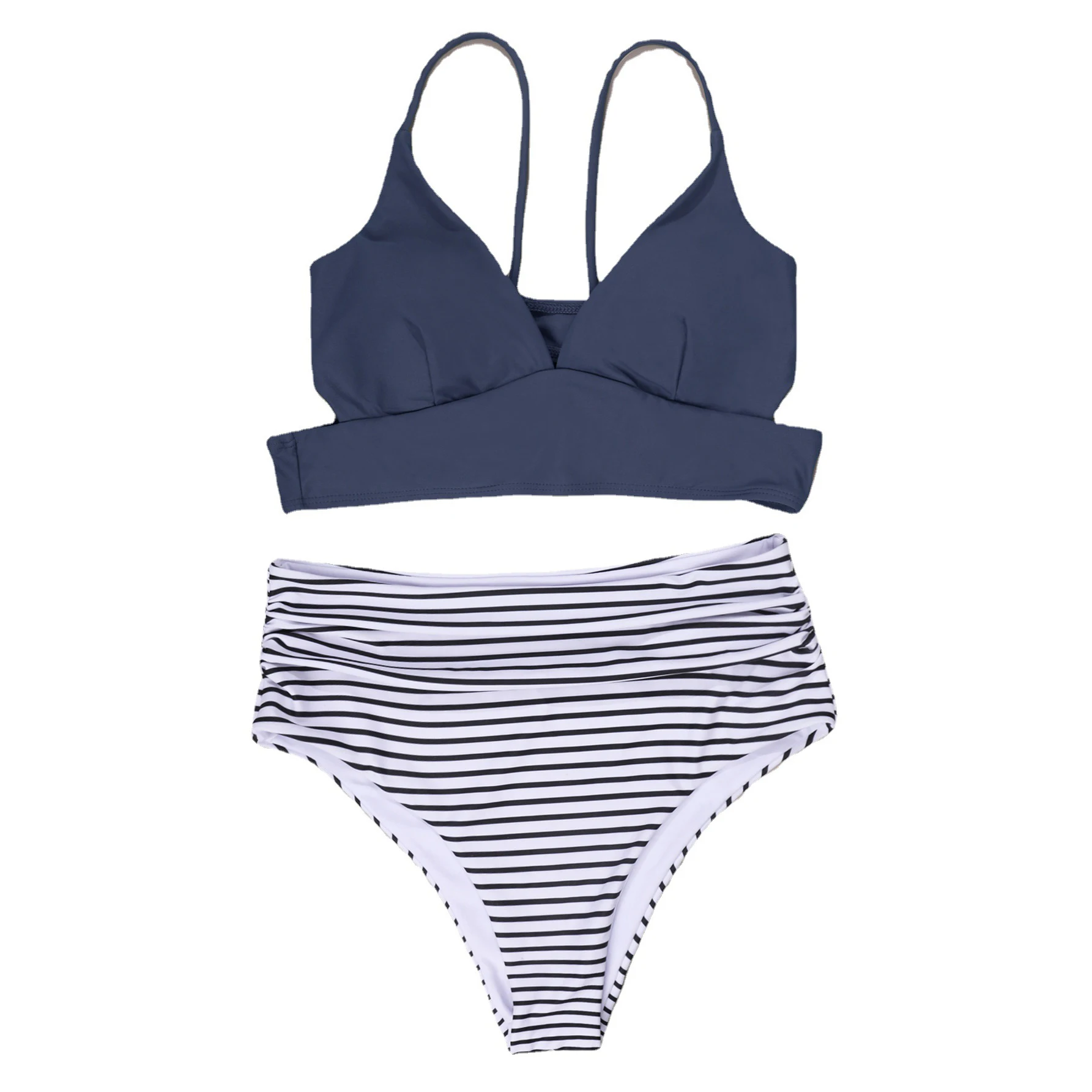 

2021 new Sexy High Waist Swimwear Women 2piece Striped Bikini Swimsuit Push Up Bathing Suits Lace Up Bikini Set Summer Beachwear