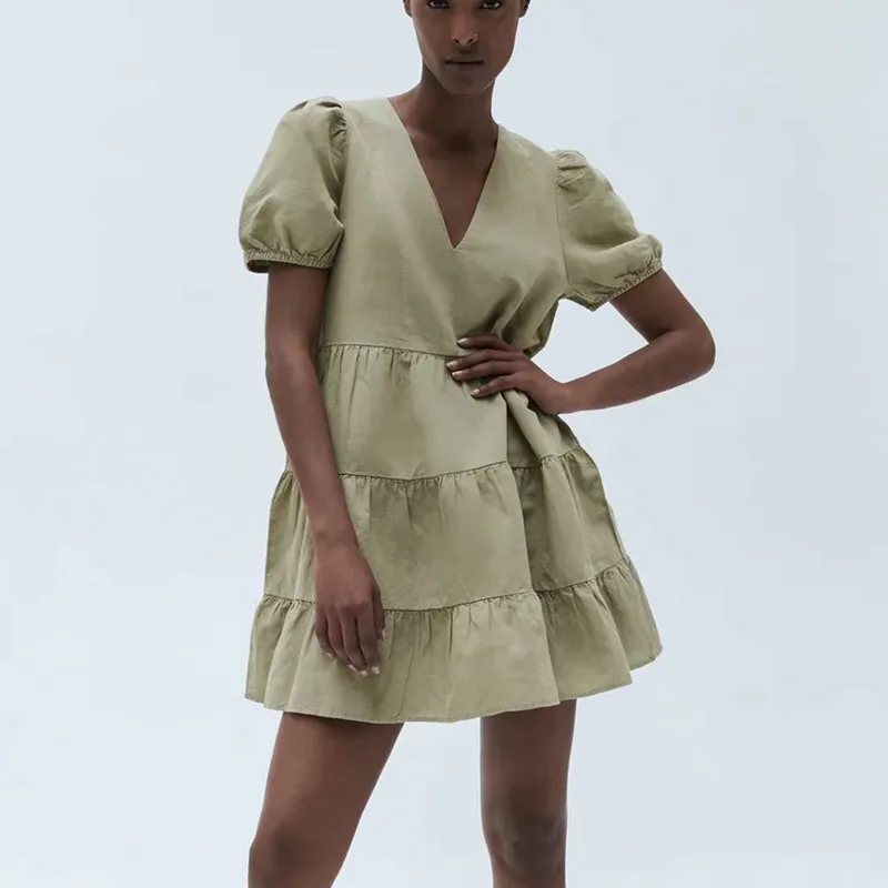 

Женское льняное платье с коротким рукавом ZA, свободное однотонное платье с V-образным вырезом и прострочкой, в стиле ретро, лето