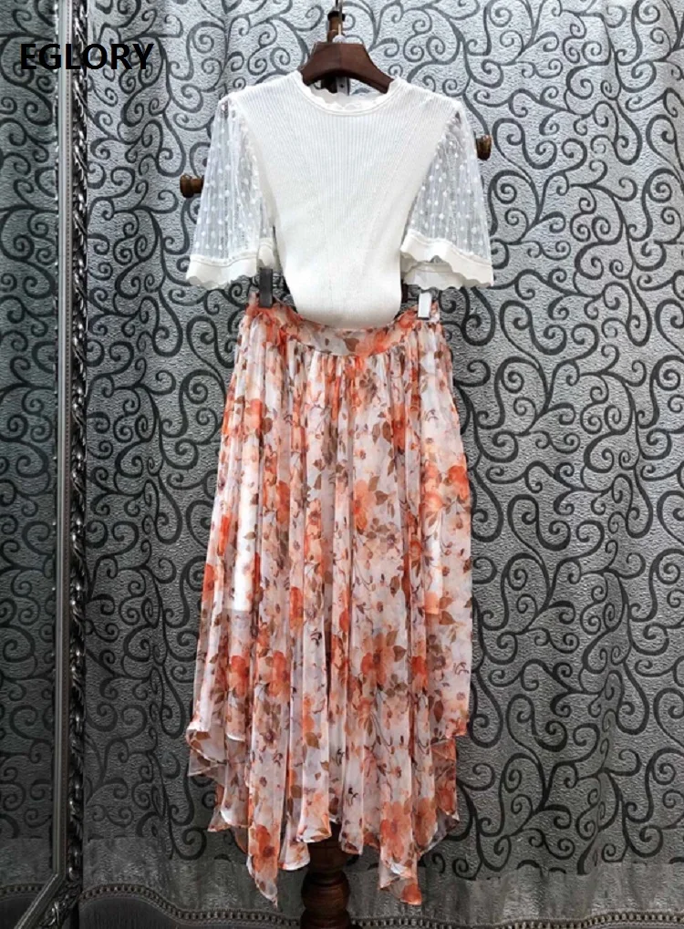 

2020 Autumn Fashion 2 Piece Set Women Polka Dot Lace Patchwork White Jumper+Elegant Floral Print Long Asymmetrical Skirt Sets