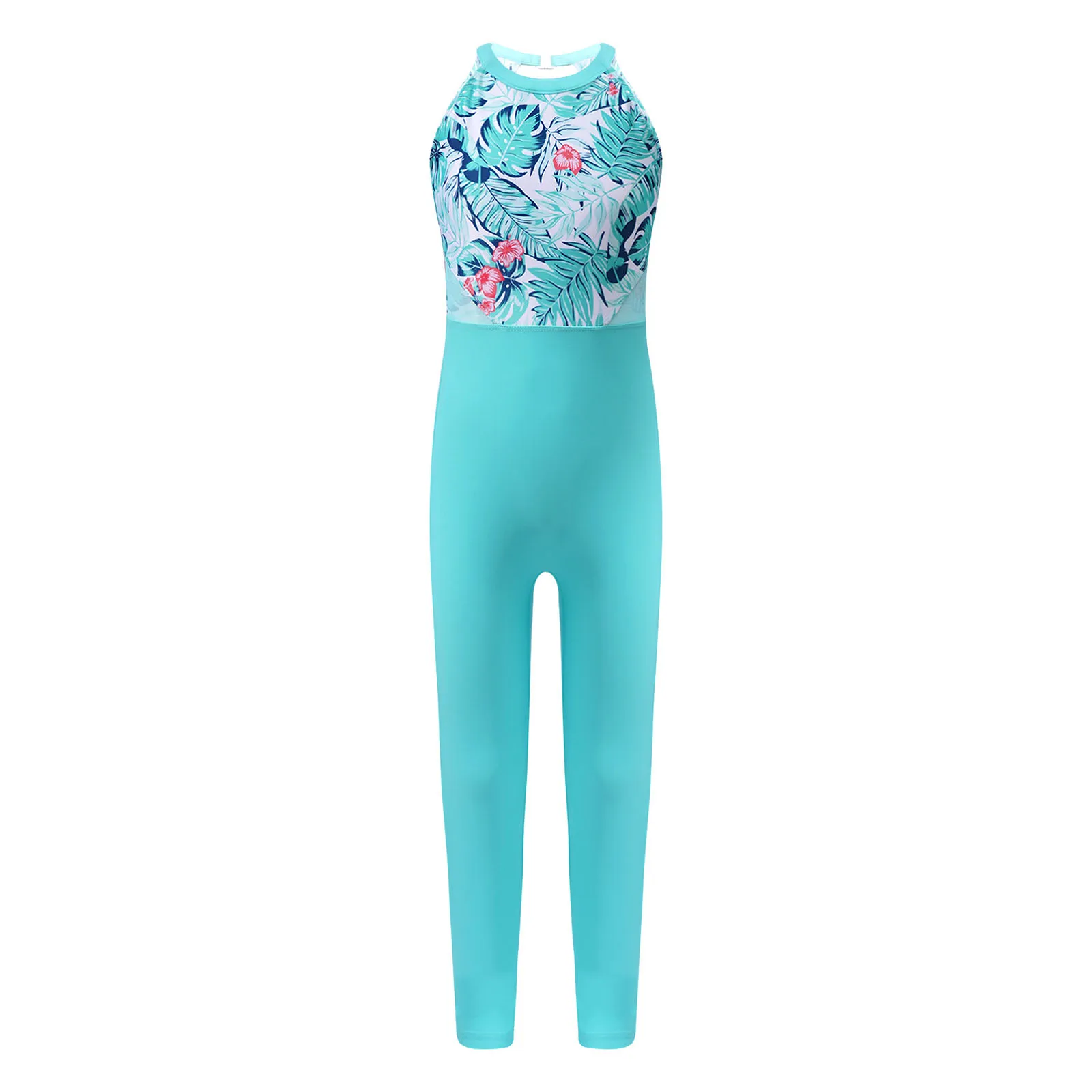 TiaoBug Kids Girls One-Piece Print Jumpsuit Halter Sleeveless Backless Mesh Patchwork Full Length Swimming Dance Gym Leotards | Спорт и