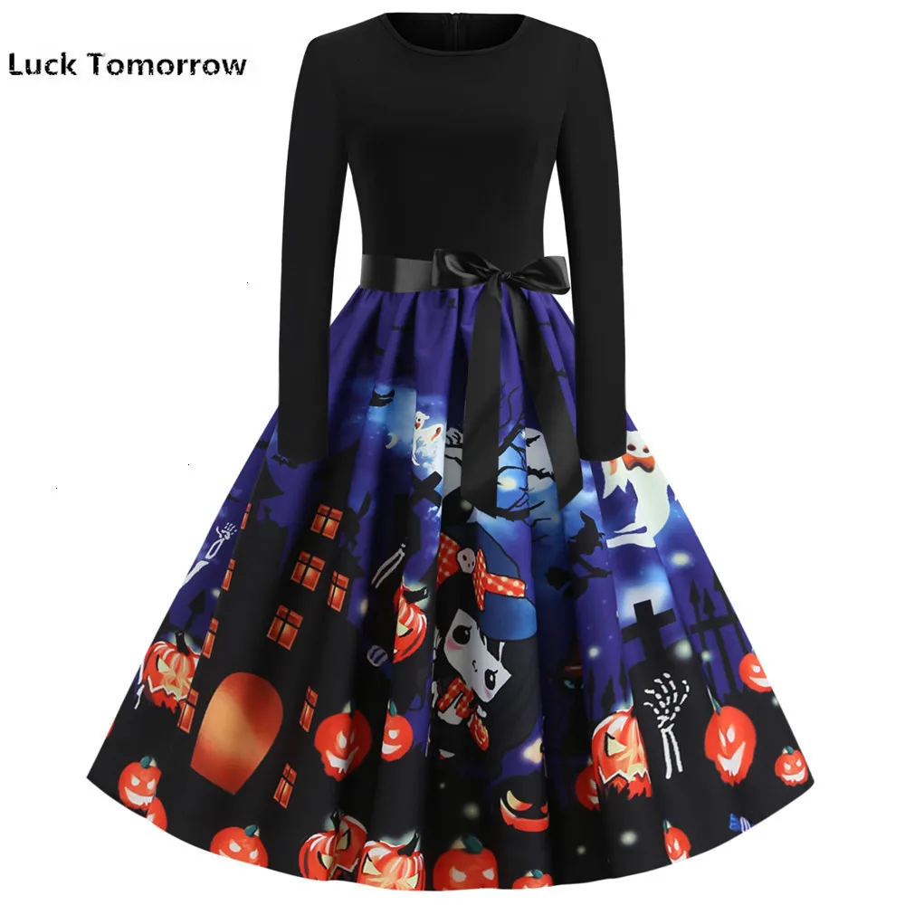 Новинка 2019 женское осеннее платье черное винтажное с принтом тыквы Vestidos большие
