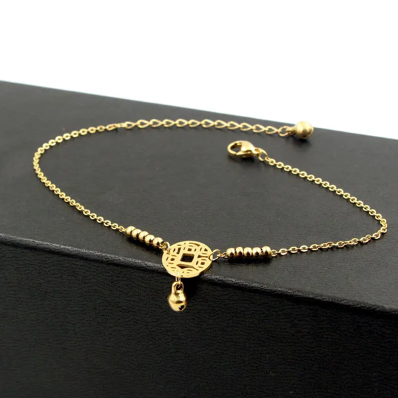 Медный ножной браслет в китайском стиле с монетами и бусинами для женщин девушек