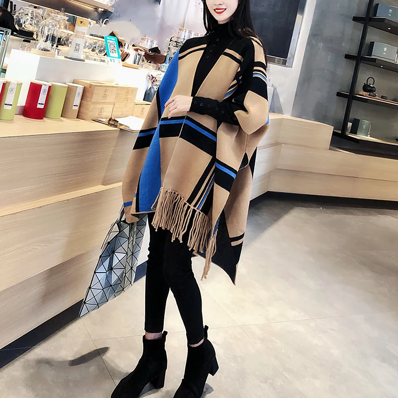 Шерстяной свитер с открытым стежком толстое пончо кисточками женская накидка