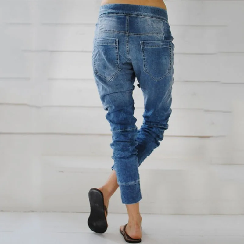 

Elastic High Waist Jeans Woman Pencil Denim Pants Drawstring Pocket Design Scratch Mom Jeans streetwear Women Pants Jean femme
