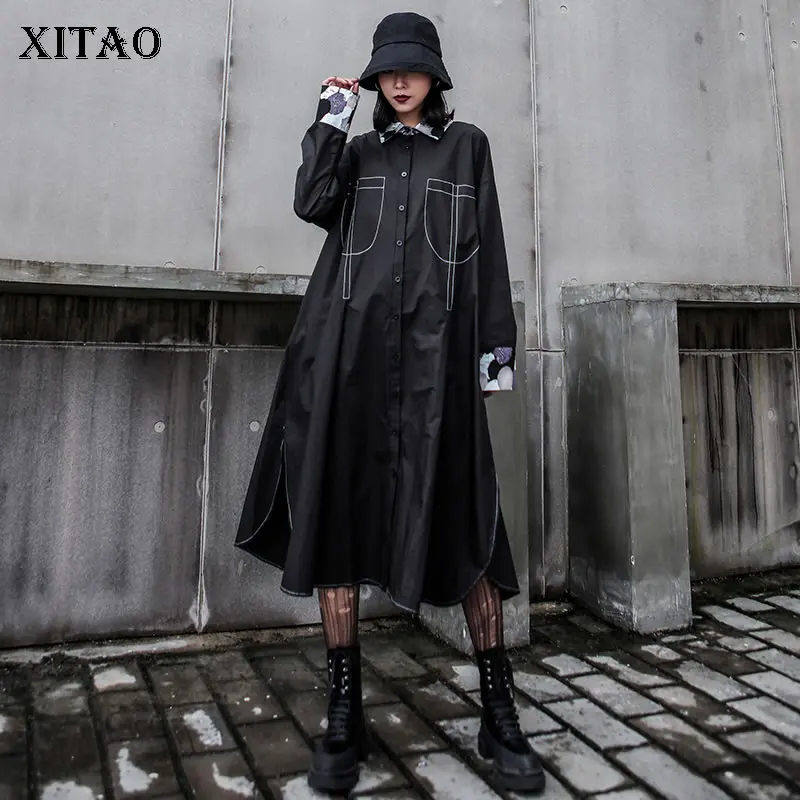 XITAO платье миди с разрезом женское корейская мода новинка 2019 осень карман прямое