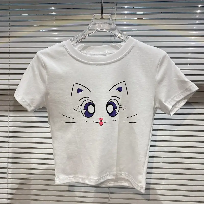 

Cute Fashion Cat Printing Women Tops Stretch Slim Fit Short Sleeve T-shirt 2021 Summer Streetwear Short T-shirt All-match
