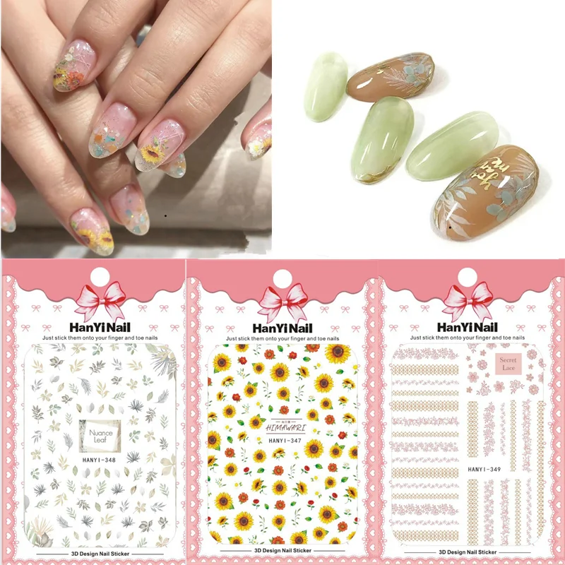 1 шт 3D слайдер для ногтей Подсолнух зеленые листья кролик розовый кружевной