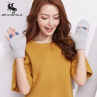 jifanpaul new knitted gloves half finger flip cover ladies winter gloves outdoor sports knitted plus velvet warm cute gloves