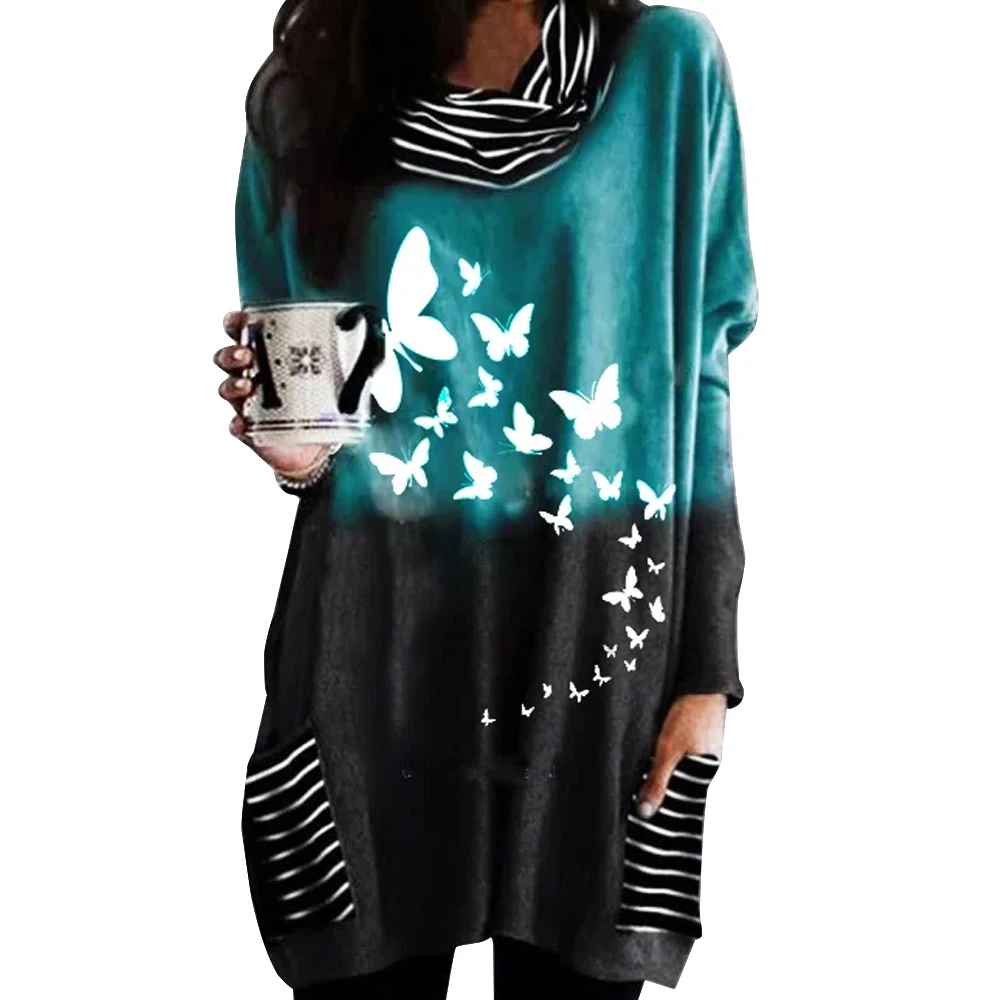 

Женская свободная футболка, Повседневный пуловер в полоску с градиентным принтом бабочки и воротником-шарфом, длинный рукав, стильные женс...