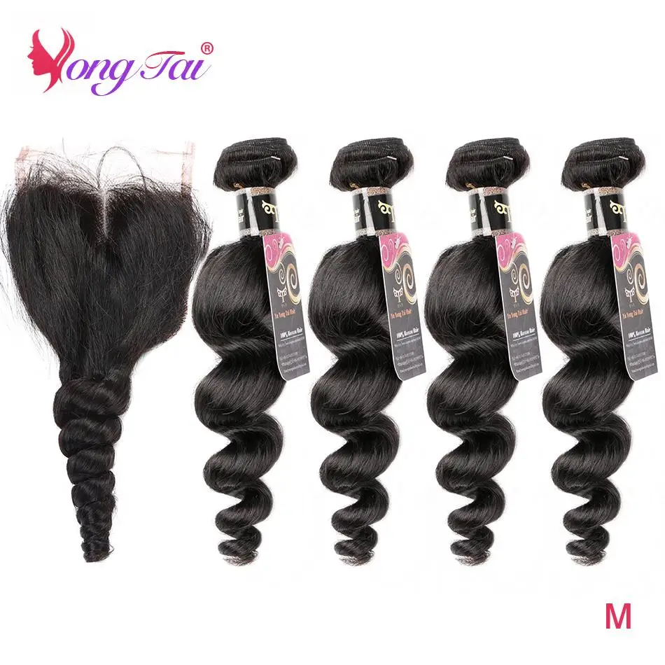 YuYongtai Brazilian Hair Weave Bundles With Lace Closure Non-Remy Human Hair 4 Bundles  5Pcs/Lot M Loose Wave Free Shipping
