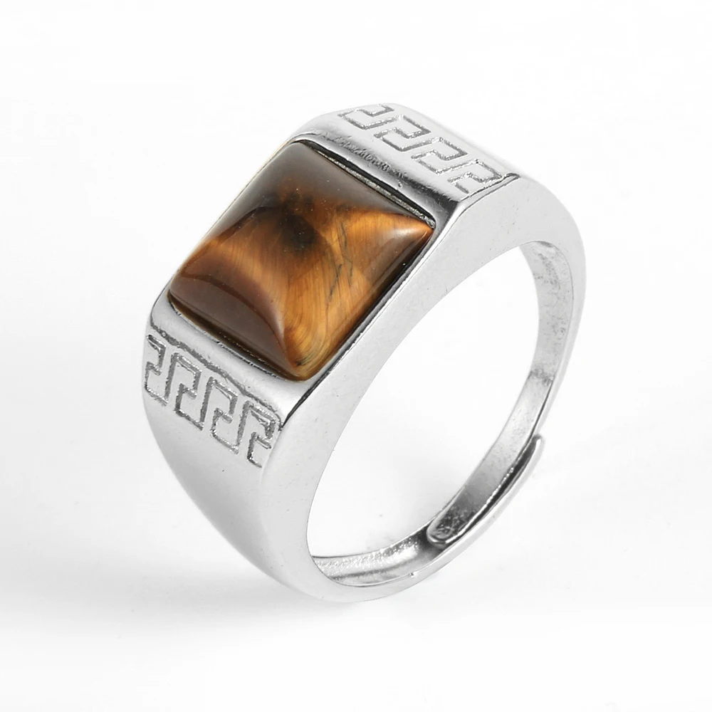 Мужское кольцо 10 мм с натуральным камнем квадратное тигриным глазом Серебряное