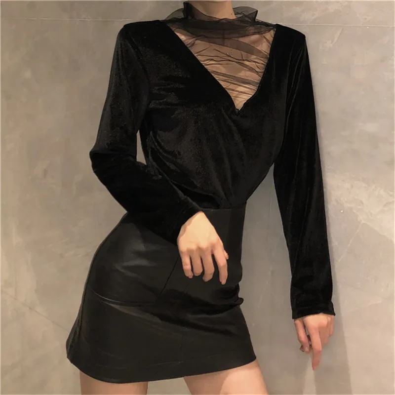 Женская бархатная футболка с v-образным вырезом Neploe эластичный пуловер длинными