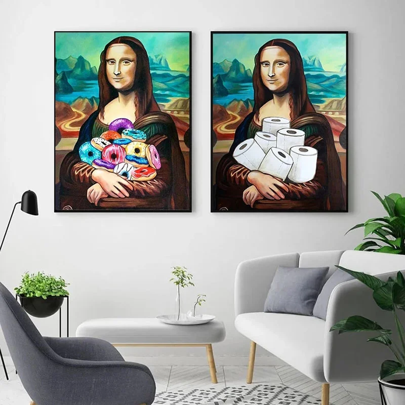 

Toilet Paper and Doughnuts Mona Lisa Canvas Painting Funny Nordic Womens Posters and Prints Wall Pictures Europe Home Decoration