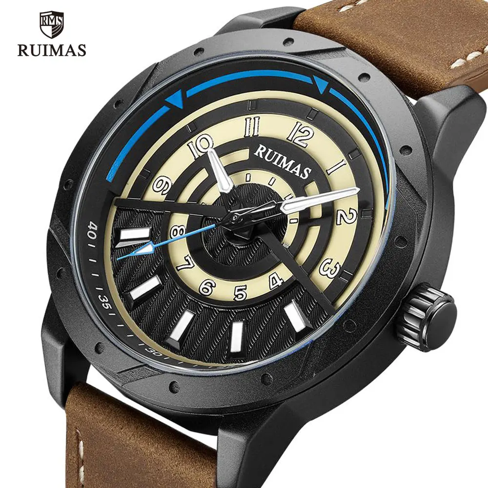 

RUIAMS Military Sport Watches Men Fashion Casual Analog Quartz Watch Man Luxury Waterproof Leather Strap Wristwatch Relogio 594