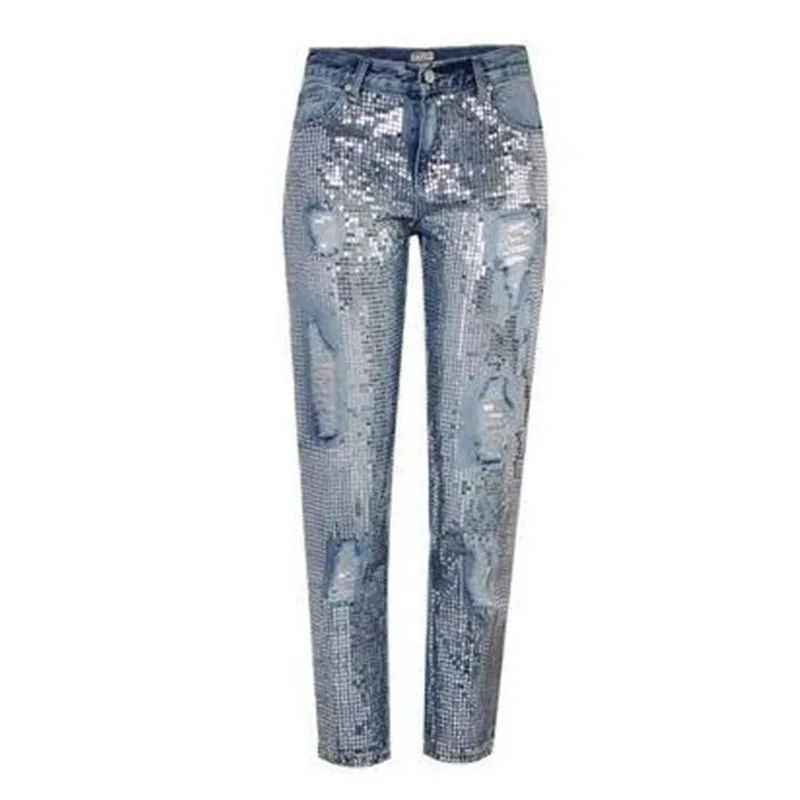 Женские прямые джинсы с блестками повседневные свободные брюки из денима