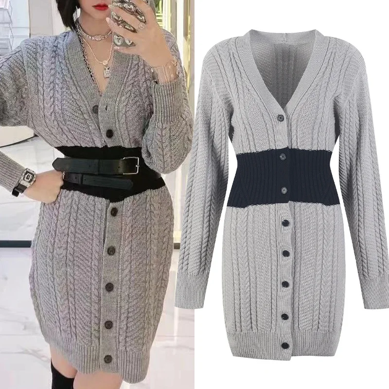 

Woolen Sweater Knit Dresses Women Mini Dress Sexy V-Neck Long Sleeve Streetwear Fashion Robes Vestidos Japanese Korean Clothes