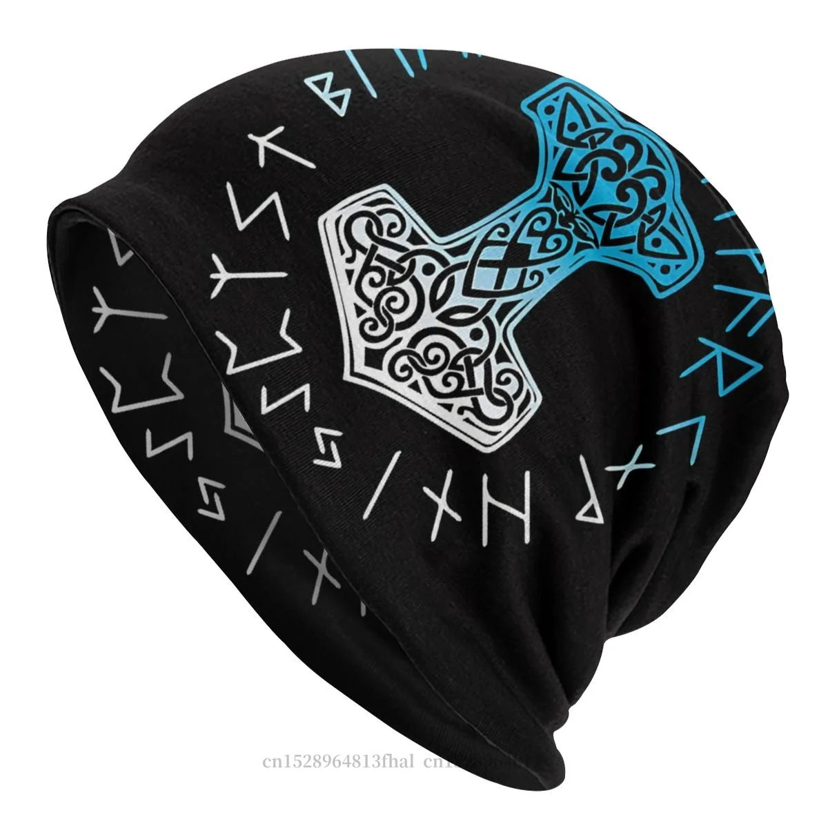 

Bonnet Hats Norse Mythology Vikings Men Women's Skullies Beanies Hat Blue Fade Mjolnir And Runes Winter Warm Cap Hip Hop Caps