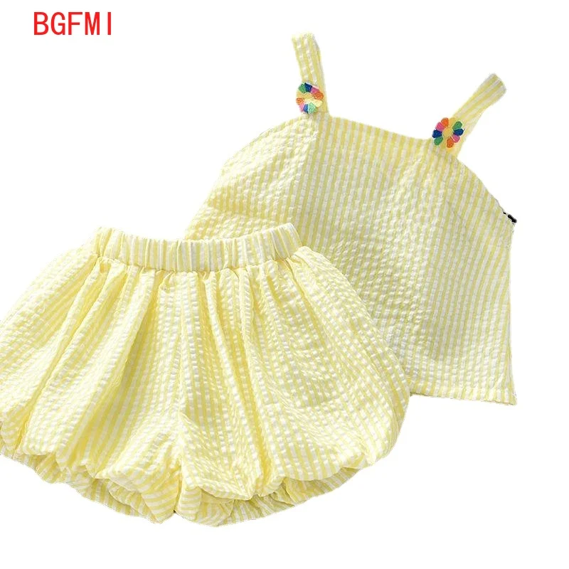 

2021 Summer clothes Toddler Girl baby Cotton Stripes Kids Children clothing suit backless sling sleeveless top + shorts 2pcs set