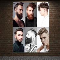 men striped short hairstyle with beard tapestry banner flag wall art barber shop decor background hanging cloth print art b2