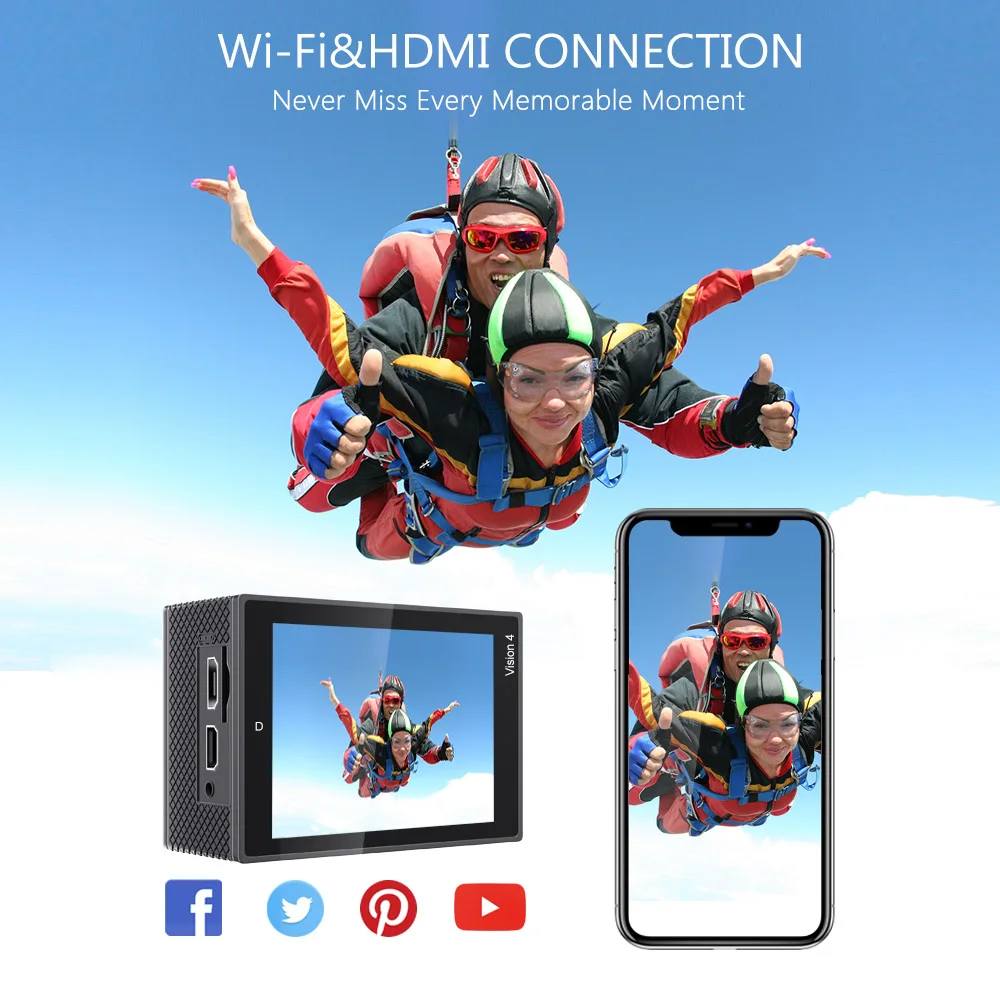 Экшн-камера AKASO 4 K/30fps anti shake EIS, 16 Мп, подводная камера, WiFi, Спортивная камера, поддержка внешнего микрофона, DragonTouch Vision 4