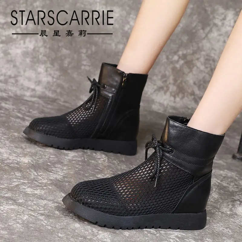 

Women's boots spring and summer leather mesh shoes breathable mesh boots soft sole casual hollow soft leather flat sole shoes