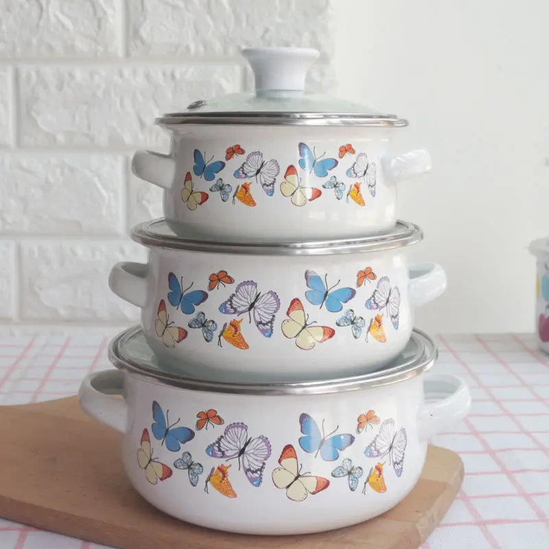 

Kitchen Pot Three-piece Enamel Pot Fresh Bowl Instant Noodle Bowl Milk Pot Baby Rice Bowl Complementary Food Bowl Hot Pot