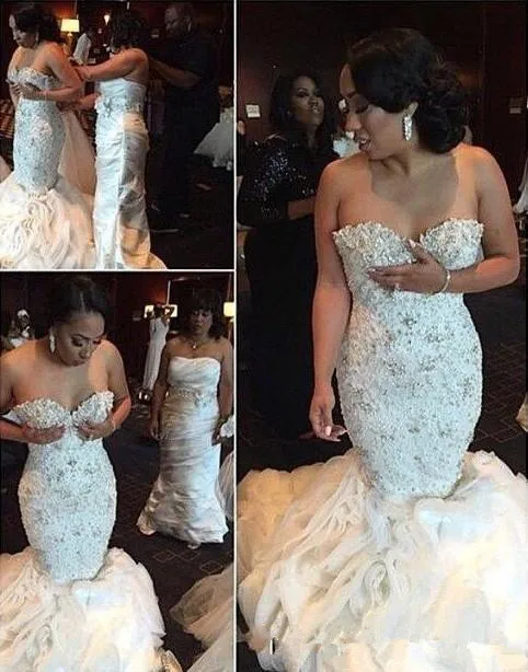 

Stunning Crystal Mermaid Wedding Dresses Beaded Flouncing Ruched Organza Detachable Train Wedding Gowns Plus Size Bridal Dress
