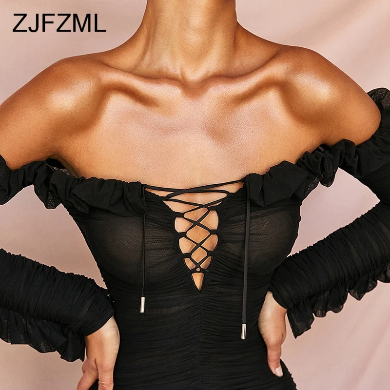 На шнуровке оборками сексуальное Сетчатое платье Для женщин с открытыми плечами