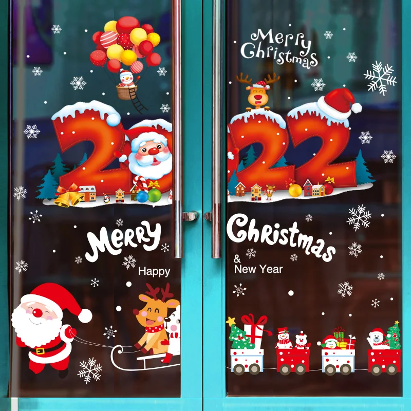 

[shijuekongjian] 2022 Chirstmas Glass Stickers DIY Santa Claus Snowman Trains Wall Decals for New Year Window Home Decoration