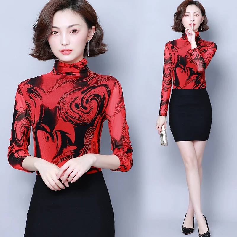 

2021 Autumn Fashion Women Shirts Long Sleeve Turtleneck Women Blouses Casual Printed Floral Women Clothing Plus Size 6209 50