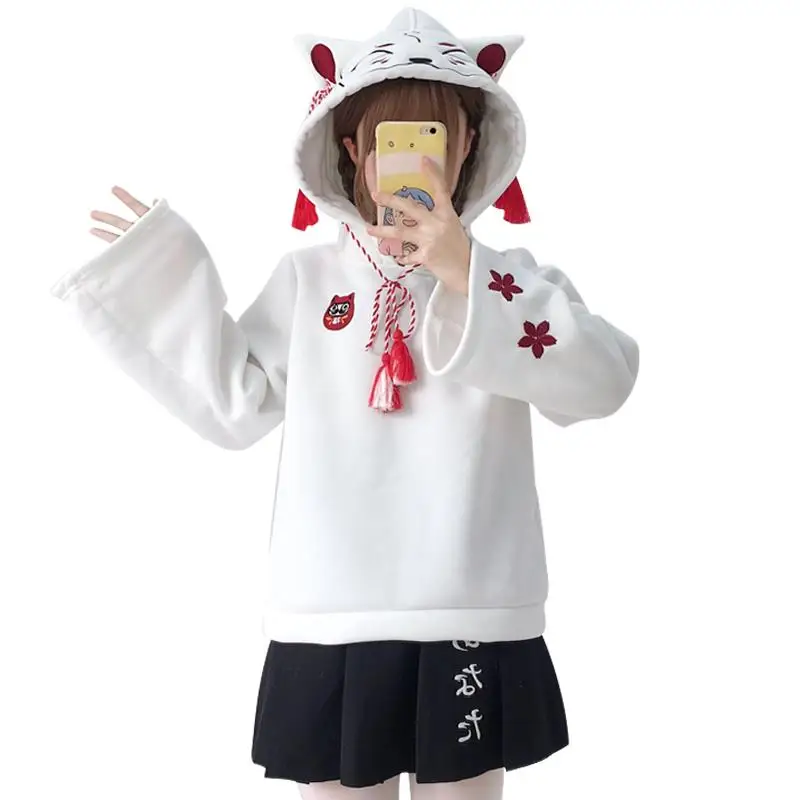 Повседневные милые толстовки с котом для девочек худи ушками и хвостом японская
