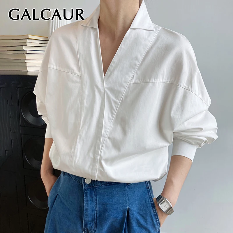 

GALCAUR White Casual Women's Blouse Polo Neck Lantern Long Sleeve Solid Minimalist Shirts For Female 2021 Autumn Fashion Clothes