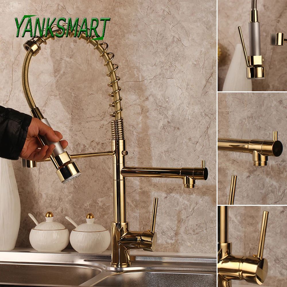 

YANKSMART Golden Polished Kitchen Faucet Solid Brass Vessel Sink Swivel Faucet Washbasin Mixer Water Tap With Pull Down Spray